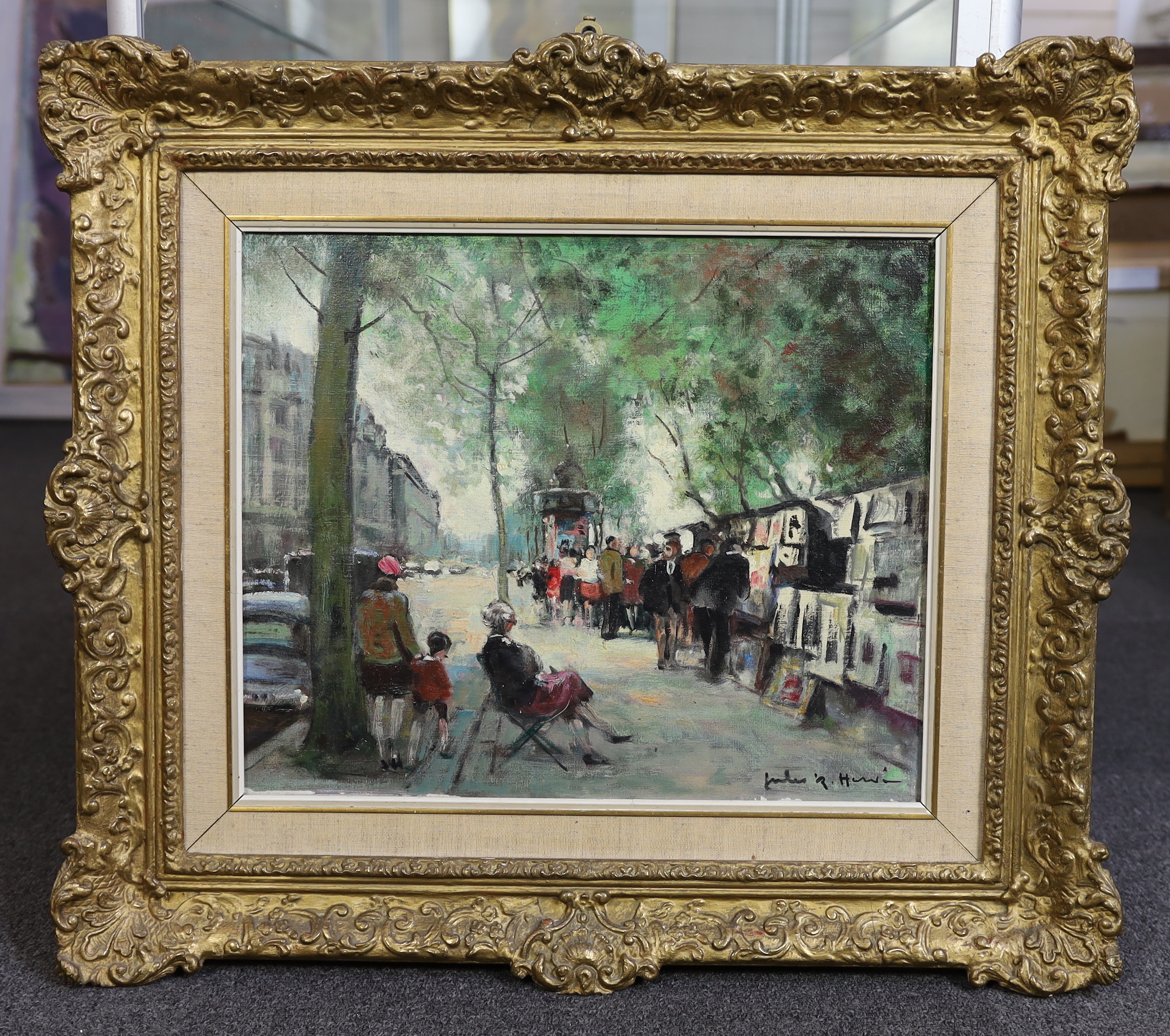 Jules René Hervé (French, 1887-1981), French street scene with picture sellers, oil on canvas, 37 x 45cm